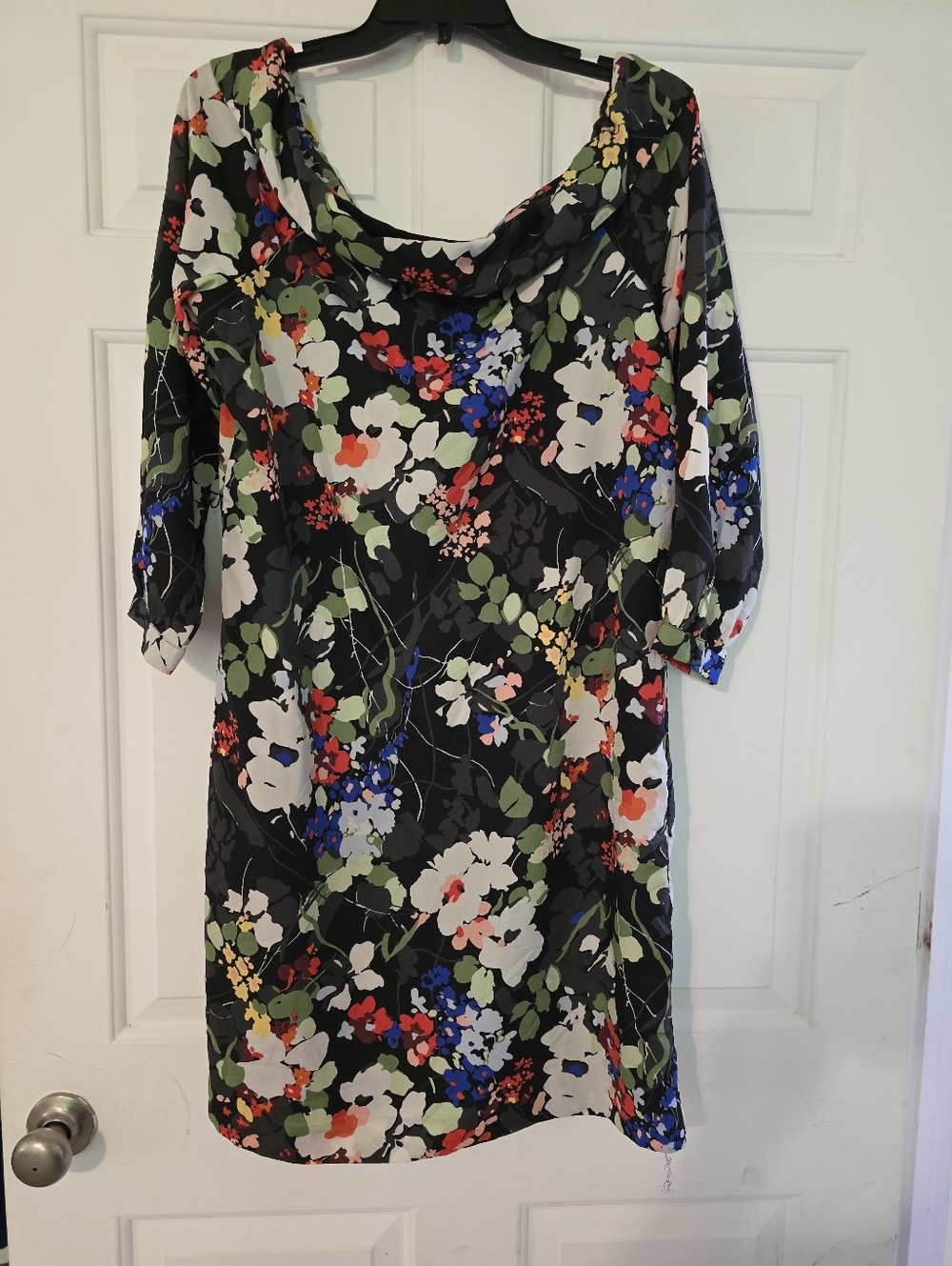 Banana Republic Floral Print Black Shift Dress with Green & White Accents